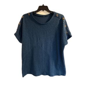 Blue Ribbed Short Sleeve Sweater Top - Button Shoulder Detail - XL/1X